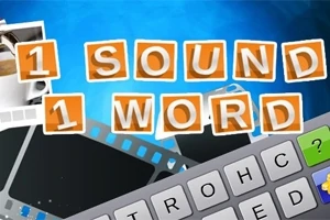 Oranžové písmená tvoriace nápis 1 SOUND 1 WORD na modrom pozadí s čiernobielym filmom a klávesnicou