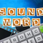 Oranžové písmená tvoriace nápis 1 SOUND 1 WORD na modrom pozadí s čiernobielym filmom a klávesnicou