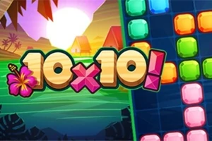 Farebná mozaika blokov s tropickým pozadím a textom 10x10!