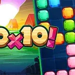 Farebná mozaika blokov s tropickým pozadím a textom 10x10!