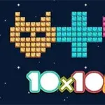 Oranžová maska, modrý symbol plus a ružové srdce zložené z farebných blokov na tmavomodrom pozadí s nápisom 10x10+