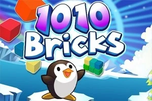 Nadšený tučniak s farebnými kockami na pozadí ľadovej krajiny s nápisom 1010 Bricks