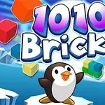 Nadšený tučniak s farebnými kockami na pozadí ľadovej krajiny s nápisom 1010 Bricks