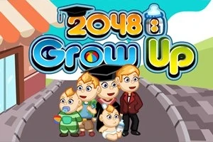 Karikatúra rodiny s deťmi na chodníku pred obchodom, s textom Grow Up 2048 nad nimi