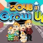 Karikatúra rodiny s deťmi na chodníku pred obchodom, s textom Grow Up 2048 nad nimi