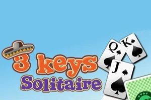 Farebné logo s názvom 3 keys Solitaire pod sombrérom a tromi kartami srdcovej kráľovskej postupky na modrom pozadí