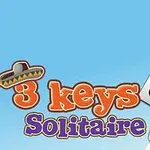 Farebné logo s názvom 3 keys Solitaire pod sombrérom a tromi kartami srdcovej kráľovskej postupky na modrom pozadí