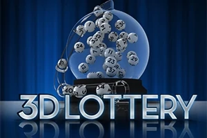 Guľová nádoba s očíslovanými loptičkami na modrom pozadí, s nápisom 3D LOTTERY