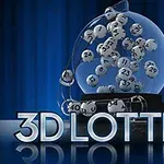 Guľová nádoba s očíslovanými loptičkami na modrom pozadí, s nápisom 3D LOTTERY