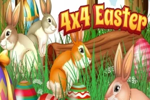 Kreslené zajačiky sediace na tráve obklopené farebnými veľkonočnými vajíčkami s nápisom 4x4 Easter