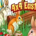 Kreslené zajačiky sediace na tráve obklopené farebnými veľkonočnými vajíčkami s nápisom 4x4 Easter