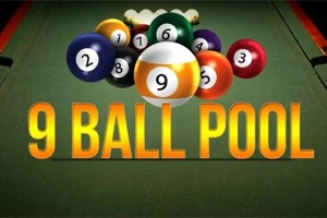 Farebná skupina biliardových gúľ na stole s veľkým nápisom 9 Ball Pool