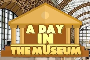 Nápis A Day in the Museum pred veľkým oknom so zakrivenou strechou múzea