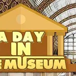 Nápis A Day in the Museum pred veľkým oknom so zakrivenou strechou múzea