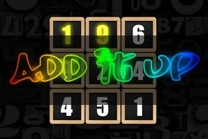 Farebný nápis „ADD IT UP“ na tmavom pozadí s deviatimi číselnými dlaždicami v troch radoch