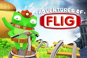 Zelená kreslená postavička stojaca na plošine s názvom Adventures of Flig v pozadí, s modrou oblohou a budovami