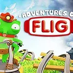 Zelená kreslená postavička stojaca na plošine s názvom Adventures of Flig v pozadí, s modrou oblohou a budovami