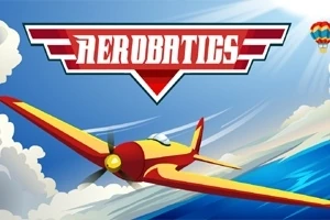 Červené a žlté lietadlo letí medzi oblakmi na modrej oblohe s logom Aerobatics hore