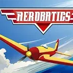 Červené a žlté lietadlo letí medzi oblakmi na modrej oblohe s logom Aerobatics hore