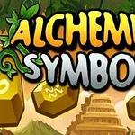 Nápis ALCHEMIST SYMBOLS so zlatými kameňmi a zelenými listami na pozadí s chrámom