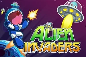 Astronaut v modrom obleku strieľajúci na mimozemské lietajúce taniere na farebnom vesmírnom pozadí s nápisom Alien Invaders