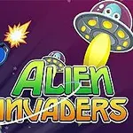 Astronaut v modrom obleku strieľajúci na mimozemské lietajúce taniere na farebnom vesmírnom pozadí s nápisom Alien Invaders