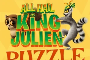 Kreslená postava lemura v klobúku tancuje vedľa textu na žltom pozadí