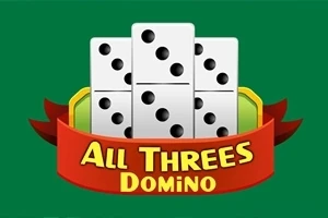 Kocky domina na zelenom pozadí s červenou stuhou obsahujúcou nápis All Threes Domino