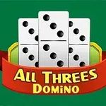 Kocky domina na zelenom pozadí s červenou stuhou obsahujúcou nápis All Threes Domino