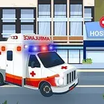 Ambulancia pred nemocnicou s blikajúcimi modrými a červenými svetlami