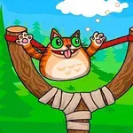 Karikatúrny oranžový mačka s veľkými zelenými očami je natiahnutá v praku na pozadí lesa