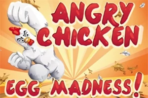 Kurací superhrdina s päsťou a červeným nápisom Angry Chicken Egg Madness!