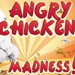 Kurací superhrdina s päsťou a červeným nápisom Angry Chicken Egg Madness!