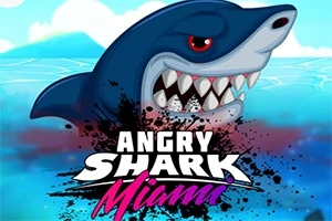 Kreslený žralok s ostrými zubami vychádza z vody s nápisom Angry Shark Miami