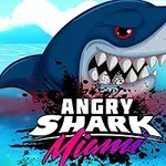 Kreslený žralok s ostrými zubami vychádza z vody s nápisom Angry Shark Miami