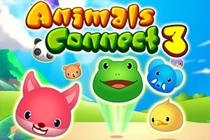 Farebné kreslené zvieracie postavičky vrátane žaby, líšky, sloníka a pandy s nápisom Animals Connect 3