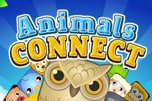 Ilustrácia so slovami Animals Connect, kde sú v popredí kreslené zvieratká vrátane sovy