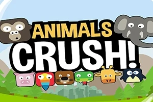 Nápis Animals Crush s kreslenými tvárami zvierat ako opica, slon, prasa, papagáj, medveď, žirafa a tučniak na svetlom pozadí krajiny
