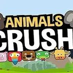 Nápis Animals Crush s kreslenými tvárami zvierat ako opica, slon, prasa, papagáj, medveď, žirafa a tučniak na svetlom pozadí krajiny