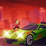 Zelené športové auto so svetlami plašiacimi dvoch zombíkov na červenom pozadí mesta