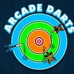 Cieľová tabuľa s tromi šípkami a nápisom Arcade Darts