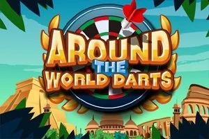 Logo s nápisom Around the World Darts s terčom a červeným šípom na pozadí s motívmi prírody a budov