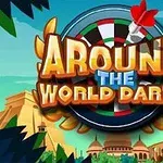 Logo s nápisom Around the World Darts s terčom a červeným šípom na pozadí s motívmi prírody a budov