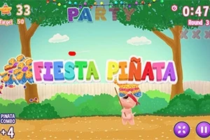 Farebný nápis Fiesta Piñata v prostredí parku s postavičkou držiacou paličku pod piñatou