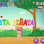 Farebný nápis Fiesta Piñata v prostredí parku s postavičkou držiacou paličku pod piñatou