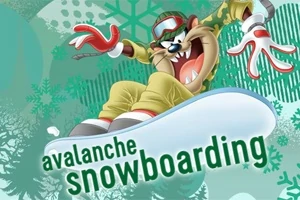 Animovaná postavička na snowboarde s výrazom radosti, oblečená v zimnom oblečení a okuliaroch, na snehovom pozadí s nápisom avalanche snowboarding