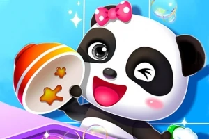 Roztomilá panda s ružovou mašľou na hlave drží misku, obklopená bublinkami a žiarivým modrým pozadím