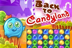 Farebná kreslená krajina s textom Back to Candyland, modrou veselou postavičkou a hracou plochou s farebnými sladkosťami
