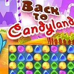 Farebná kreslená krajina s textom Back to Candyland, modrou veselou postavičkou a hracou plochou s farebnými sladkosťami