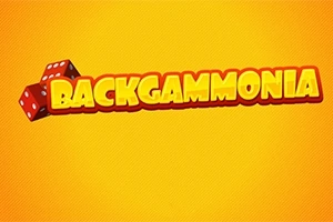 Názov BACKGAMMONIA s dvoma červenými kockami na žltom pozadí